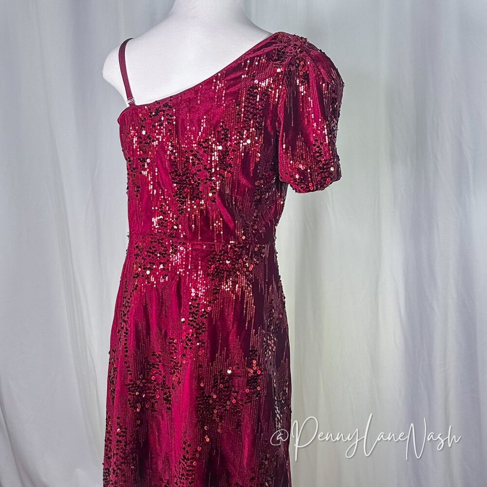 Kensie One-Shoulder Fit & Flare Sequin Velvet Formal Dress Burgundy - Picture 7 of 15